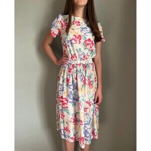 BNWT Deadstock 1980s Vintage Hibiscus Tulip Sleeve Ruched Waist Dress w/Belt